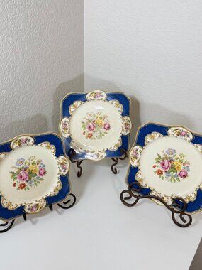 VTG Myott Staffordshire Coronation Rose 4258 Cobalt Blue Plates Set/3  2 Signed